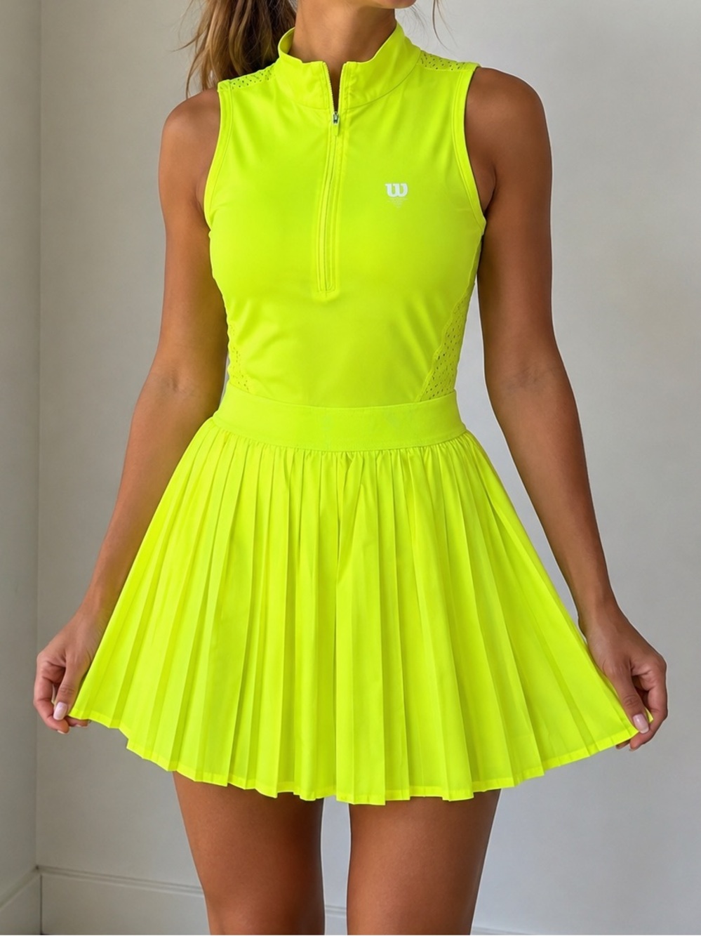 Wilson Winning Pleated 1/2 Zip Mock Neck Tennis Mini Dress Neon Yellow Size XS